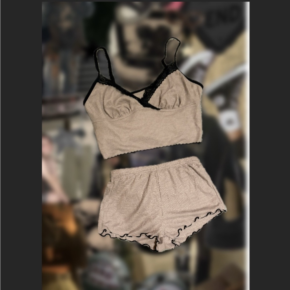 Women's Tan and Black Lace Trim Sleepwear Set